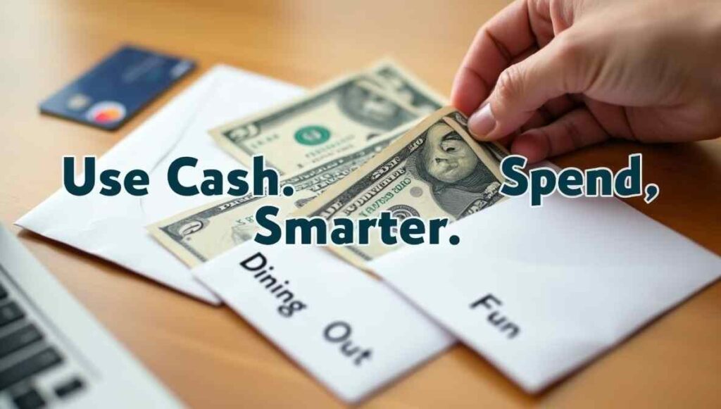 Hand placing dollar bills into labeled envelopes for groceries, gas, and entertainment with a credit card off to the side