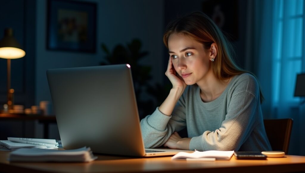 Focused young woman budgeting at night with receipts, a notebook, and calculator at her kitchen table