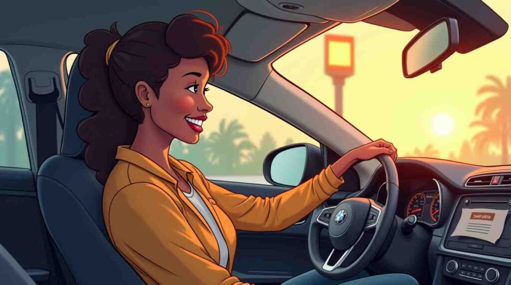A happy driver sitting in their newly purchased car, holding keys, symbolizing car loan approval despite bad credit