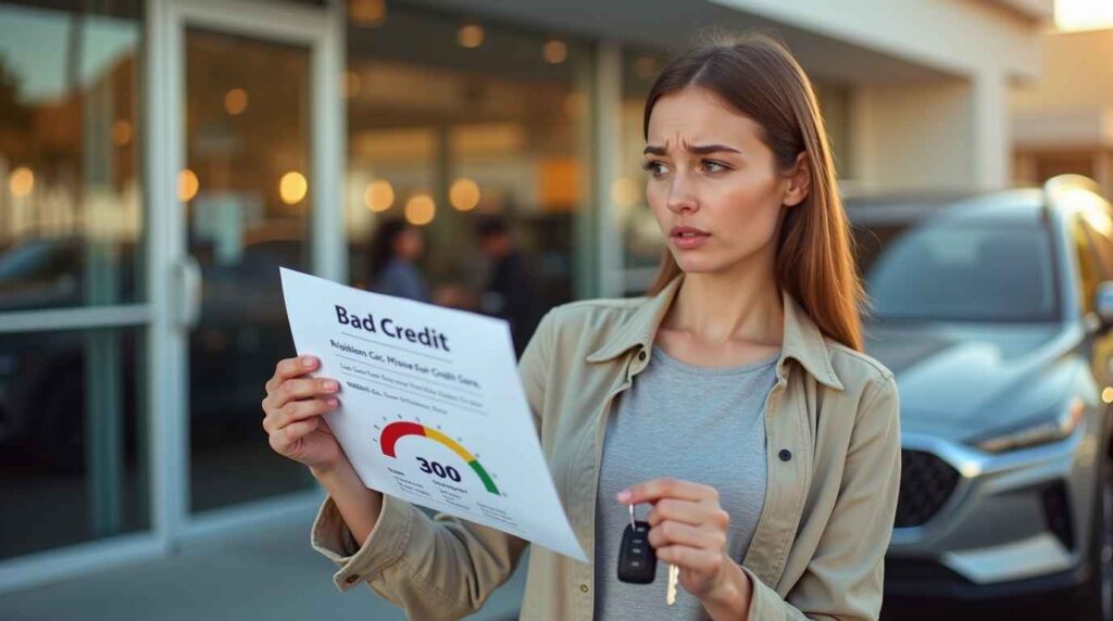 A young adult holding car keys next to a vehicle, smiling confidently after getting approved for a car loan with bad credit, with a crumpled 'Loan Denied' paper on the ground