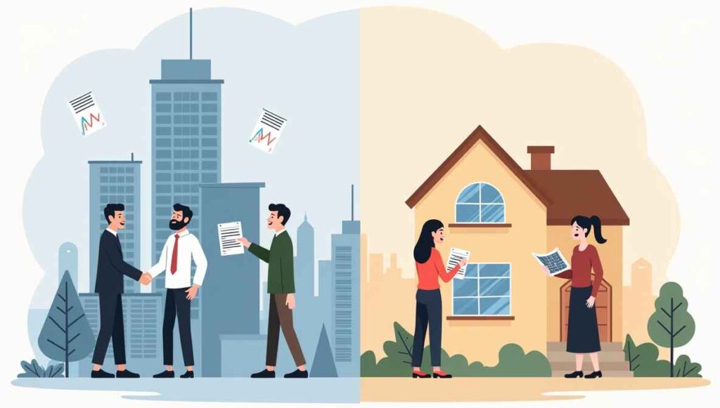 Split-screen illustration showing corporate executives restructuring business debt on one side, and a single parent managing personal debt on the other side.