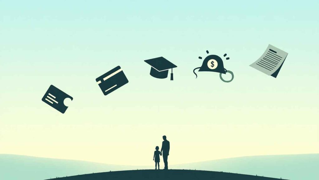 Illustration showing icons for credit card debt, medical bills, student loans, personal loans, and utility/rent bills — types of debt that can be forgiven.